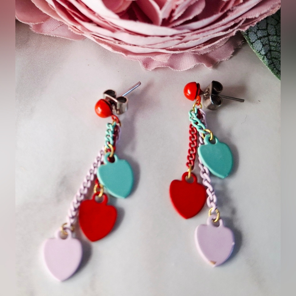 Vintage 80s 💗💚Colorful Heart Dangle Earrings
